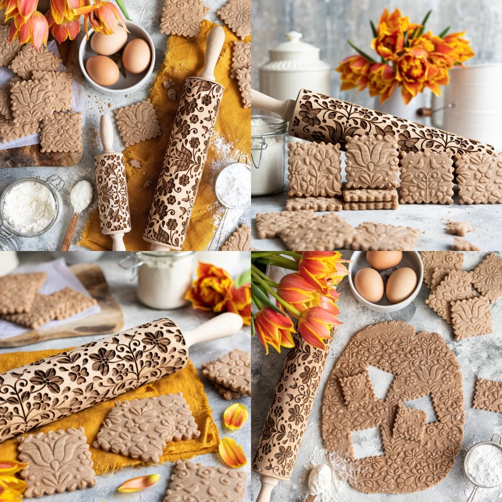 

Embossing Rolling Pin with Natural Patterns for Baking Cookies DIY Craft Kitchen Tools Non Stick Easy to Clean Rolling Pins for