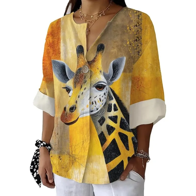

Ladies' Bohemian style animal and floral printed top, stylish summer V-neck long sleeve comfortable women's clothing.