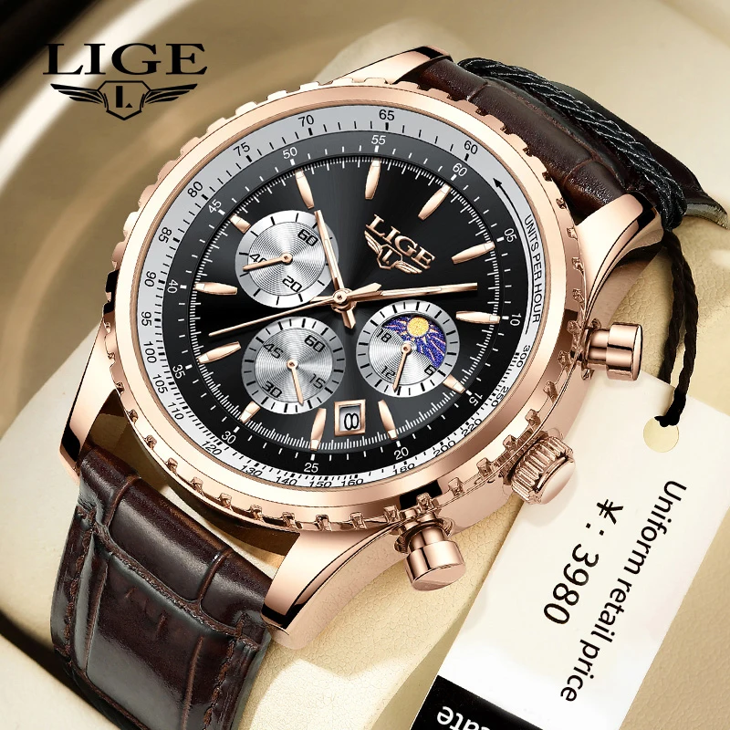 

LIGE New Luxury Men Watches Business Quartz Leather Waterproof Luminous Watch for Men Date Chronograph Sports Men Wristwatch