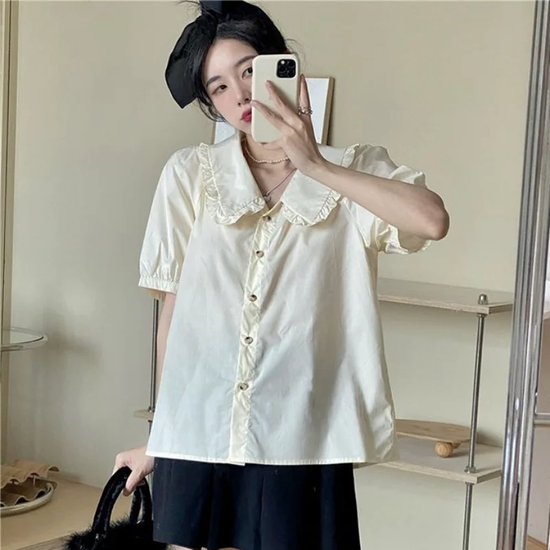 Shirts Women Pure Peter Pan Collar Tops Summer Holiday Sweet All-match Streetwaer Tender Ruffles Fashion Basic Camisas Aesthetic