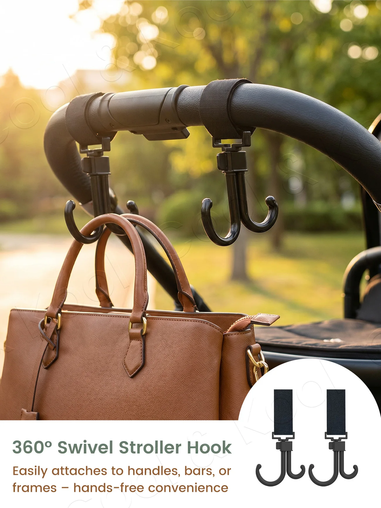360° Rotatable Stroller Hooks 2-Pack, Double Swivel Universal Bag Hanger Clip for Pram & Shopping Cart Organizer