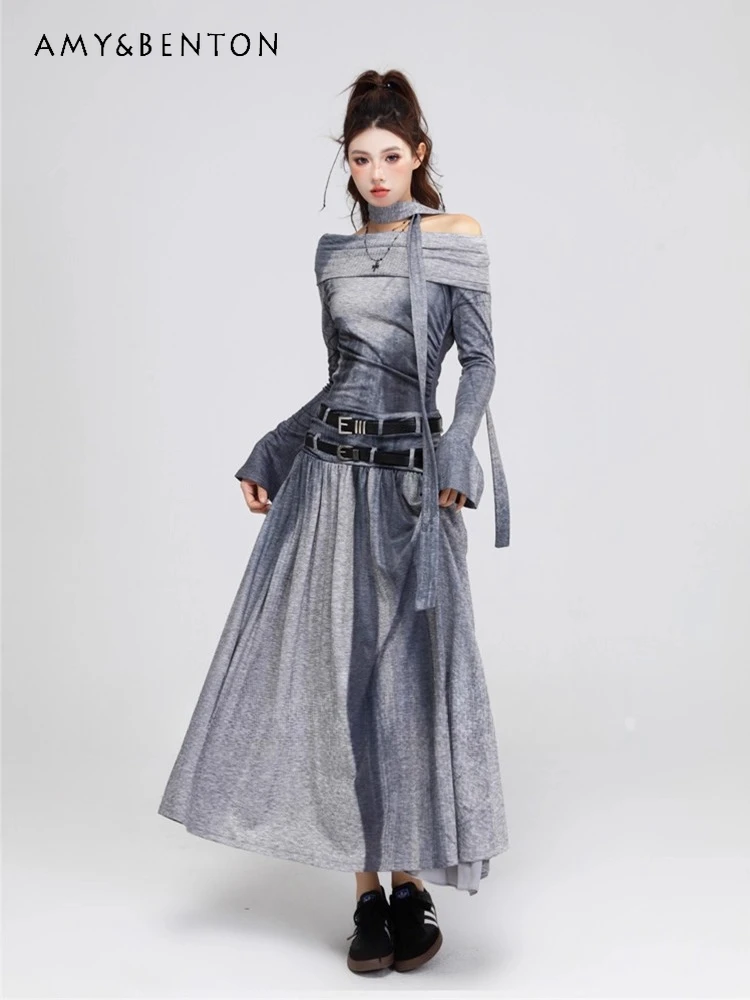 

2025 Autumn Winter Women's Gray Tie-Dye Off-Shoulder Printed Long Sleeve Halter Slim Waist Belt Design Knitted Long Dress