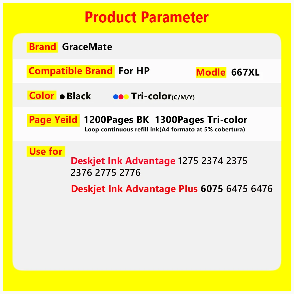 Kit de tinta para HP Deskjet, 667XL, 667, HP 667, Cartucho de tinta Deskjet, Deskjet, 1275, 2374, 2375, 2376, 2776