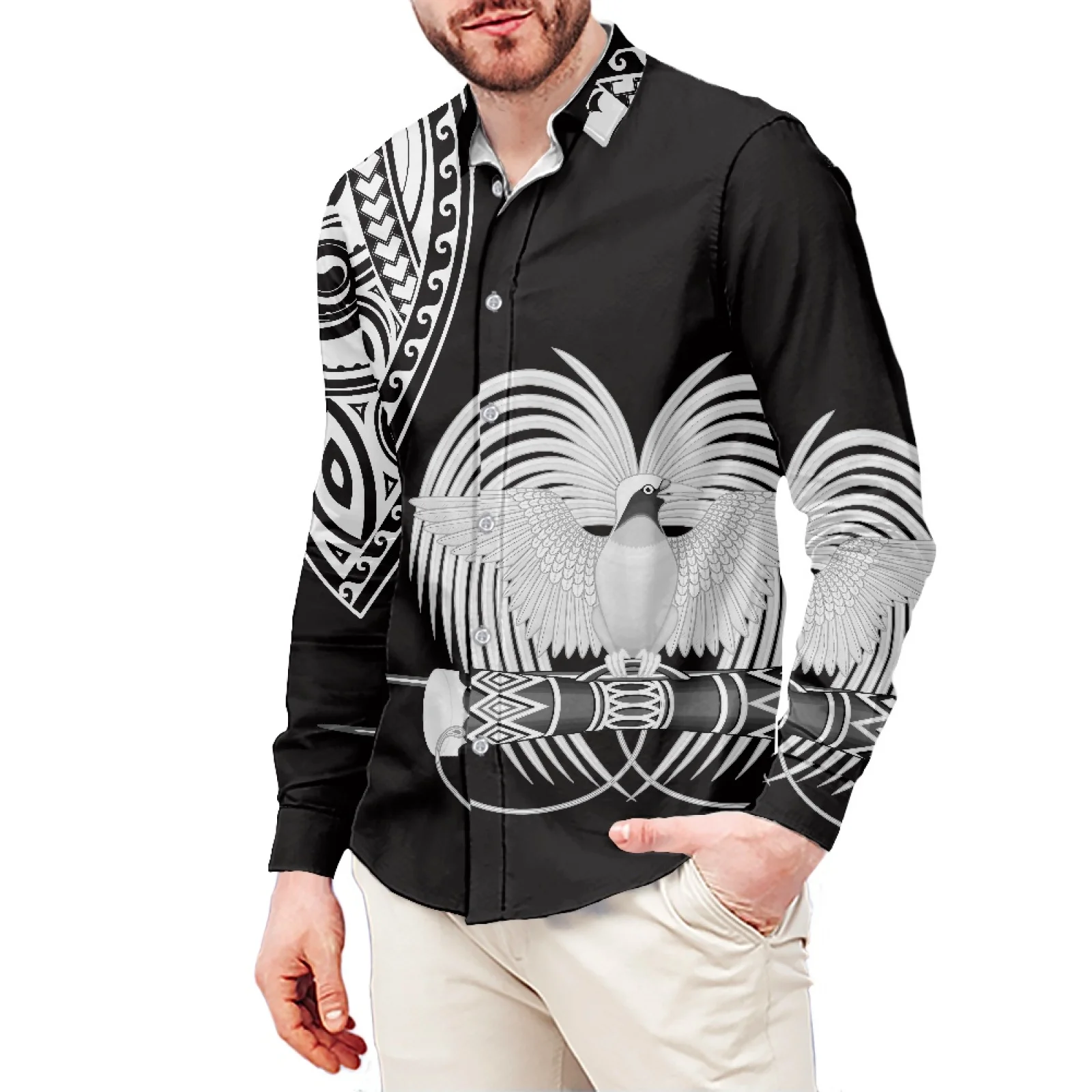 Fine Print Spring Autumn Long Sleeve Shirt Polynesian Tribal Style Premium Soft Snowflake Print Shirt Beach Holiday Shirt