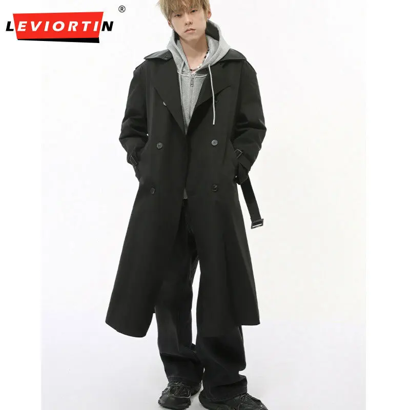 

LEVIORTIN Korean Style Men's Trench Coats Pu Leather Patchwork Double Breasted Solid Color Overknee Lapel New Male Windbreaker