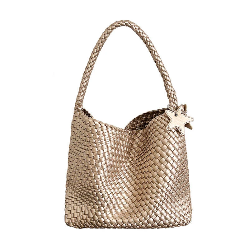 

Handmade Woven Tote Bag Women Large Capacity Champagne Boho Shoulder Purse