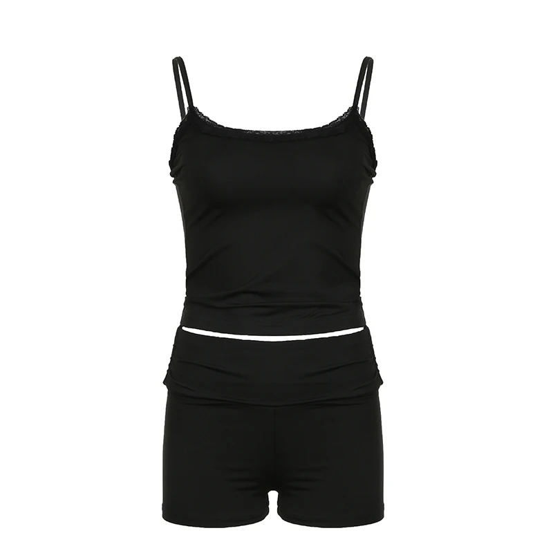 Darlingaga Casual Basic Fitness Summer Two Pieces Set Female Lace Trim Sporty Chic All-Match Tracksuit Crop Top+Shorts Outfits