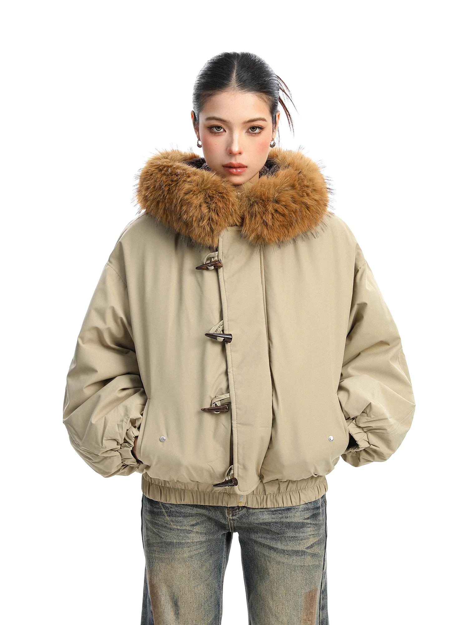 

Biggold Thiened Winter Coat Women's Hooded Cotton Jaet Bread Sle Outerwear with Fur Collar Button up Street Sle Loose...