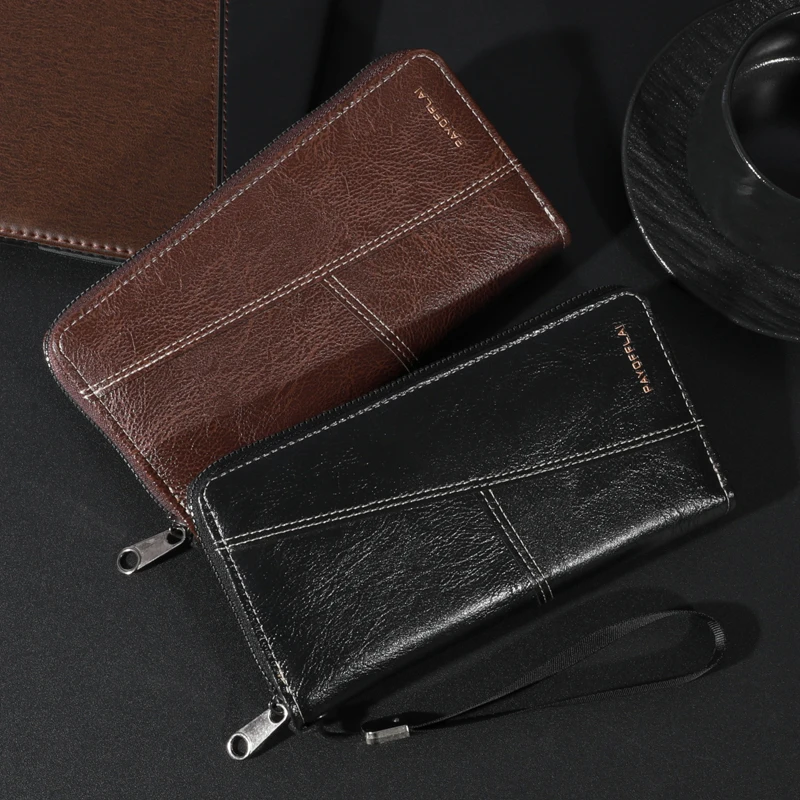 Men\'s Leather Zipper Handbag Large Capacity Long Wallet Clutch Bag Phone Bag Multi-card Card Holder Coin Purse Wallet