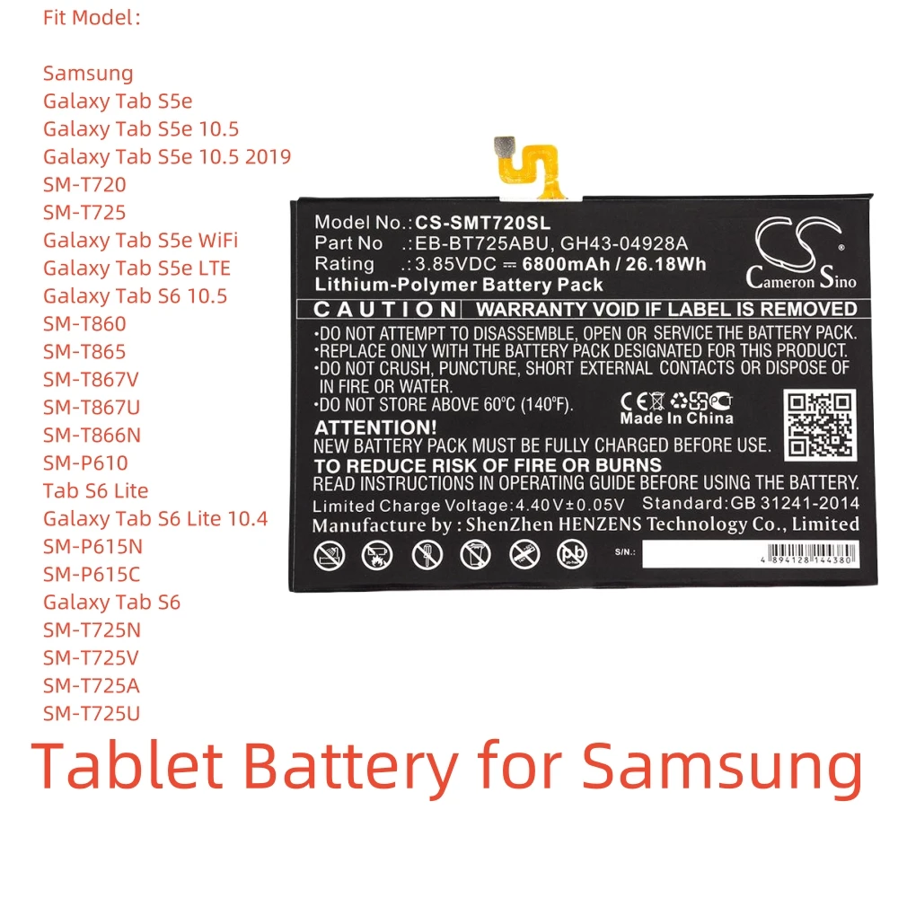 

Li-Polymer Tablet Battery for Samsung,3.85V,6800mAh,Galaxy Tab S5e,SM-T720,EB-BT725ABU,GH43-04928A,SM-T865