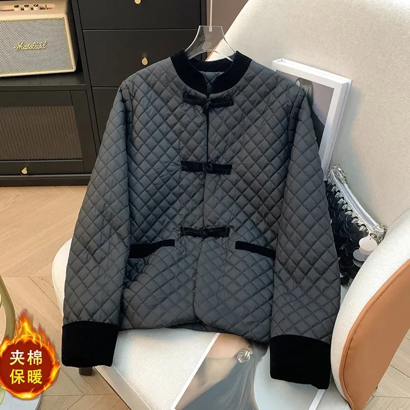 春と秋の新ファッションレトロコート綿入りジャケット気質ファッションバックルステッチ国風綿入り服