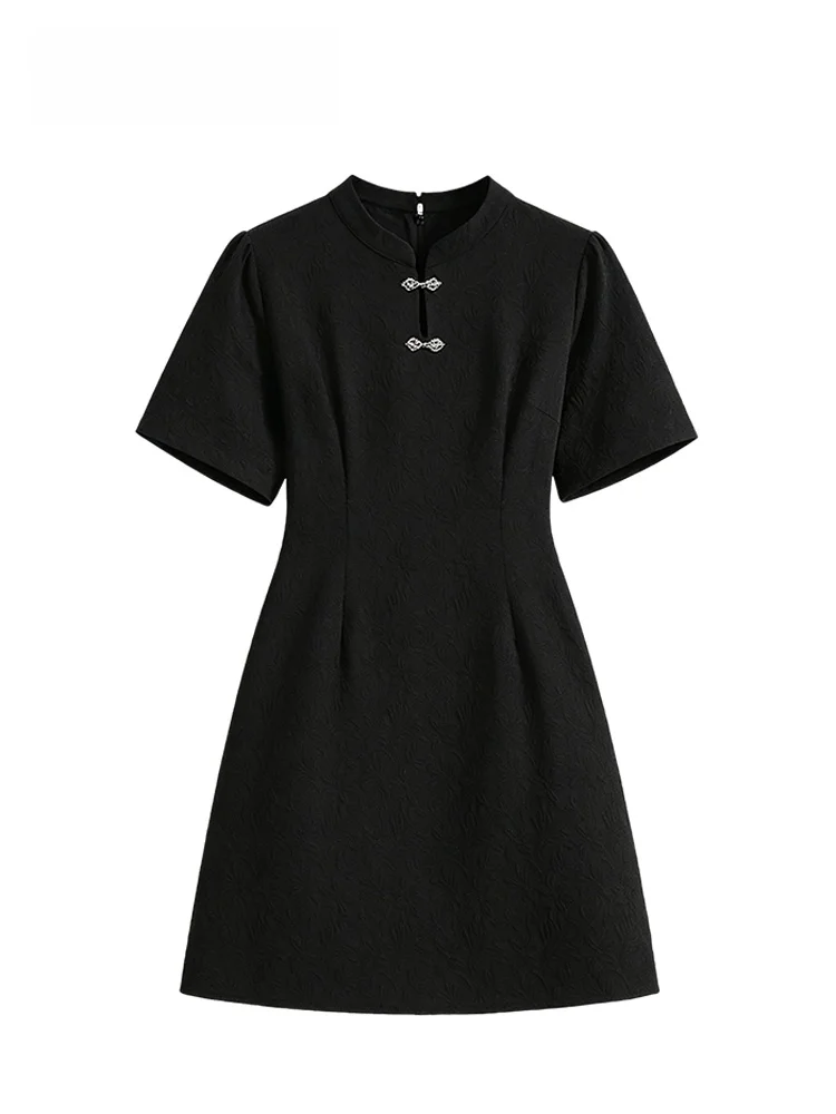 

New Chinese Style plus Size Women's Dress Summer Season High Waist V-Neck Short Sleeve Midi Skirt Trendy City Walk Gown