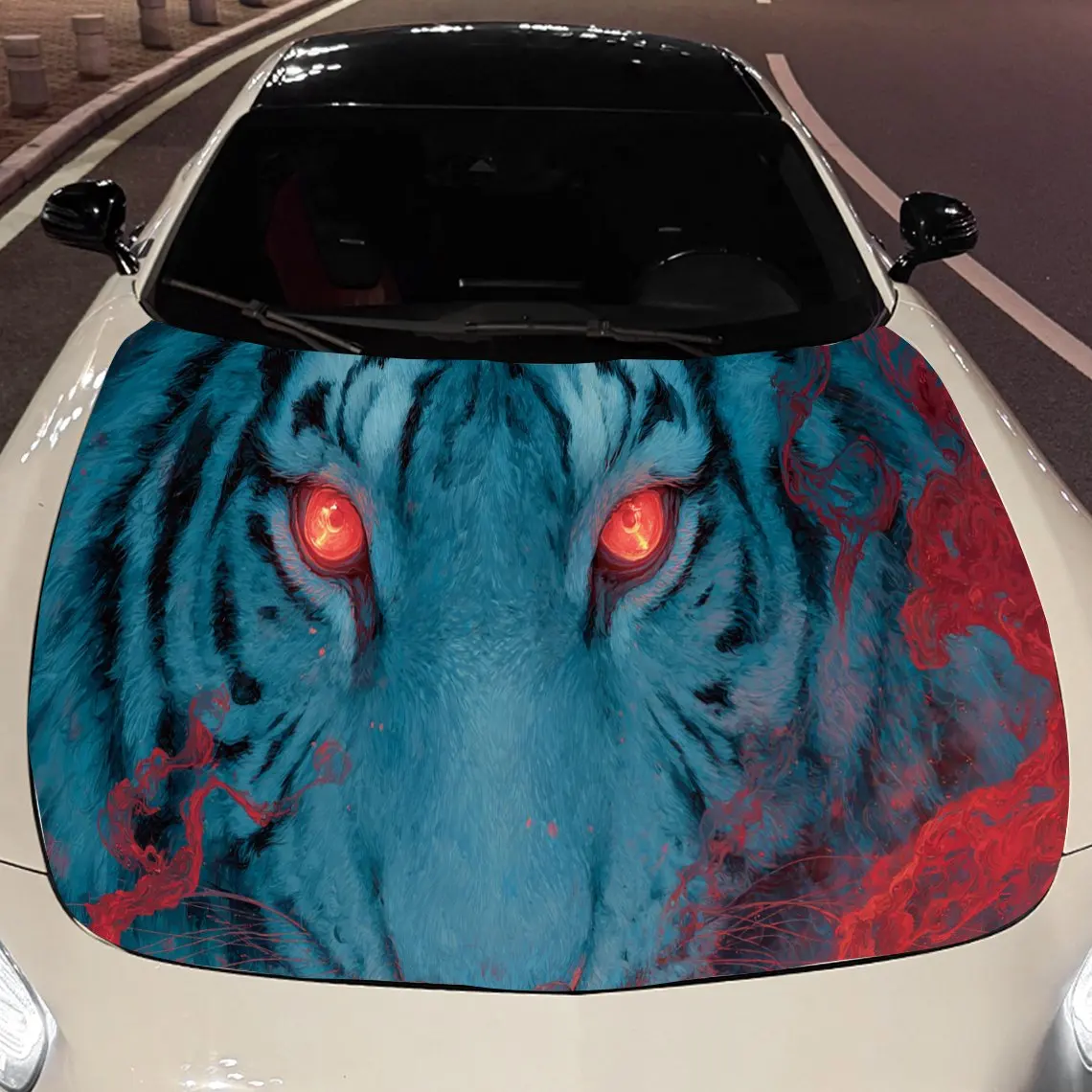 

Blue Tiger with Fiery Eyes Car Engine Hood Sticker, Auto Vinyl Wraps, Waterproof Self-adhesive Vehicle Decal, Durable & Anti-scr