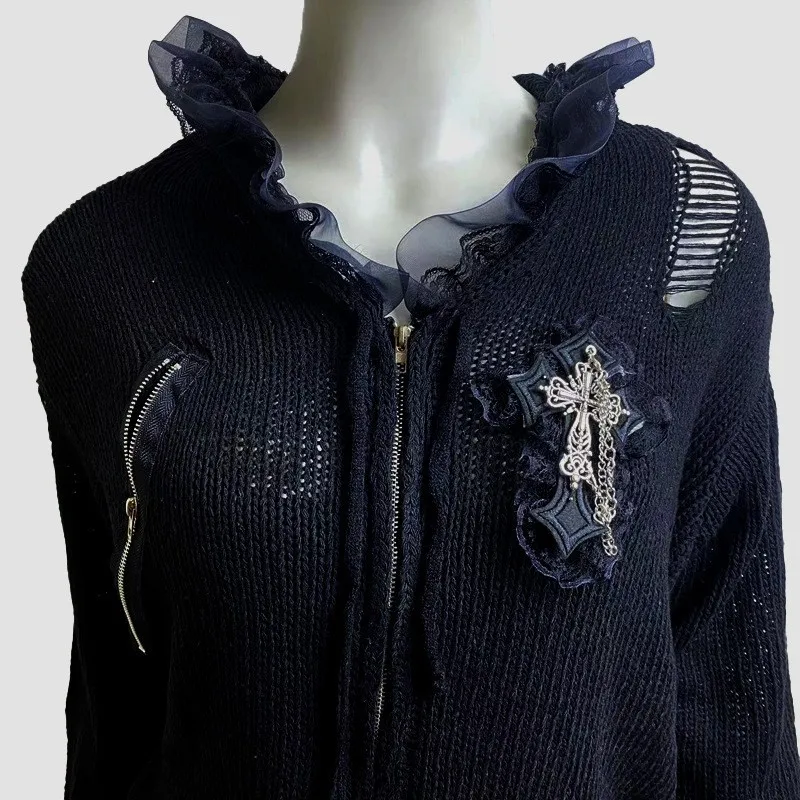 

Zippered Lace Knitted Top Long Sve ort Sweater Women's Faion Slim Fit Cardigan Pure Cotton Spring Season Chinese Origin