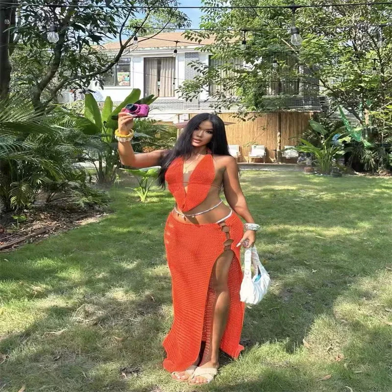 

A seaside vacation-style sexy cut-out beach dress, a two-piece set of dopamine orange bikini blouse for women