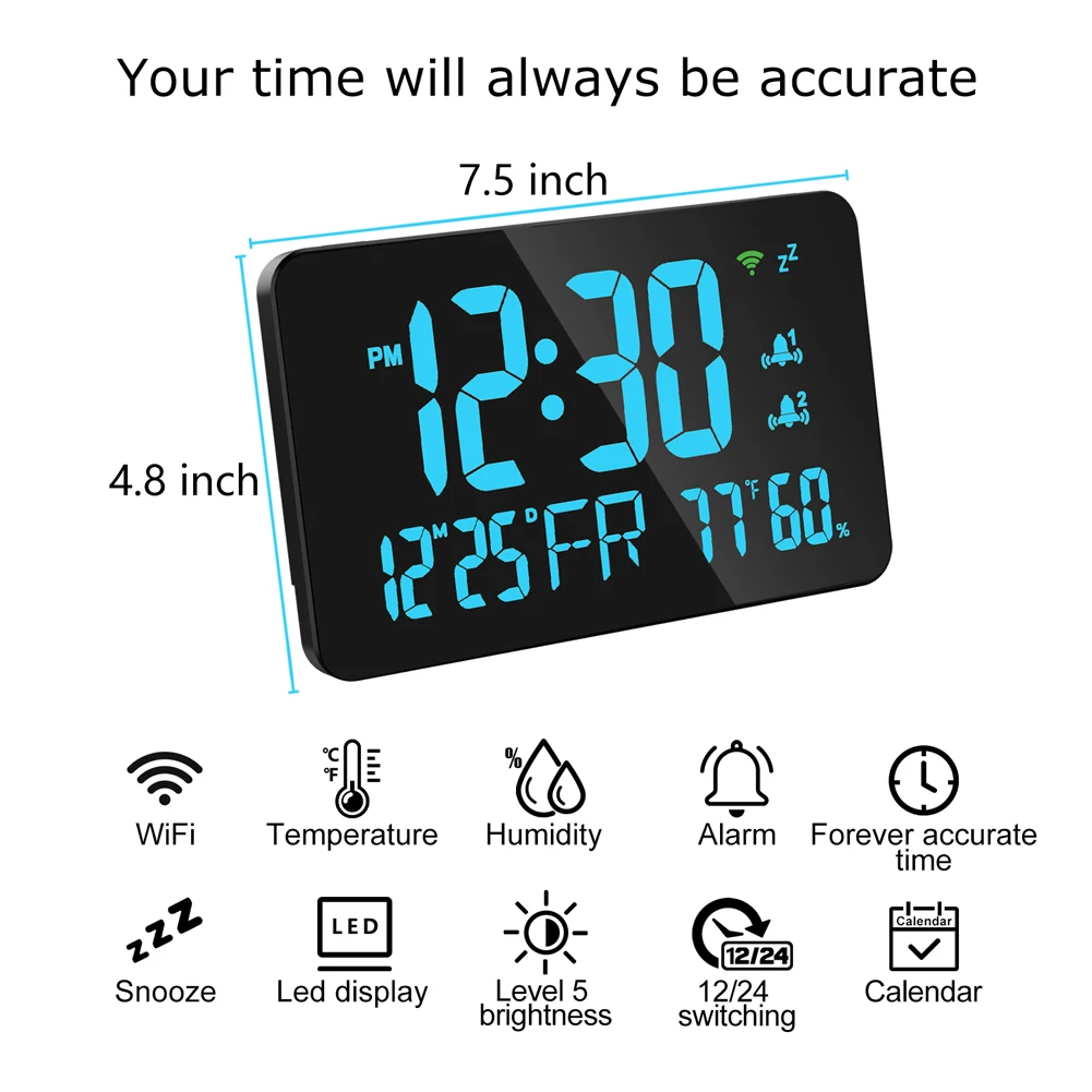 Tuya WiFi Desktop Clock Calendar Intelligent Thermometer Hygrometer with Digital LED Display Support WIFI Auto-Calibration/4-Lev