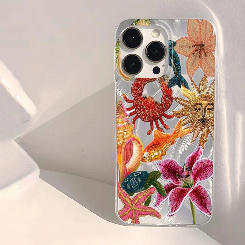 Funda de teléfono con patrones florales de peces y cangrejos y estrellas en forma de corazón para iPhone 17 16 Pro Max 15 14 13 12 11 XS X XR 16E 7 8 Plus 17Air
