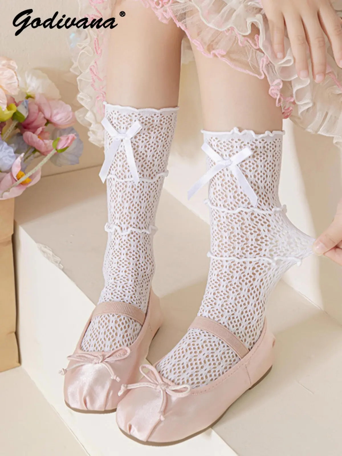 Baby Girl Lolita Princess Socks Spring and Summer New Kids Lace Trimmed Three-layer Frilly Bowknot Breathable Mid-calf Socks