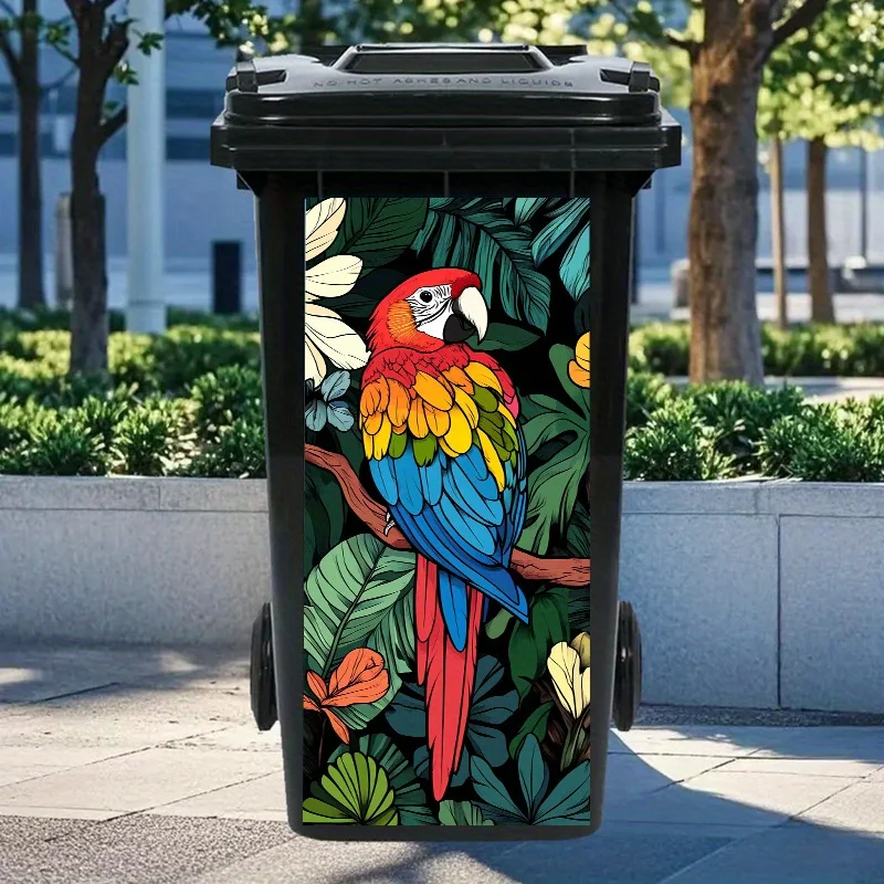 1 vibrant macaw jungle design trash can sticker, 14.57 x 32.28 inches - used for trash cans, walls, kitchen decor