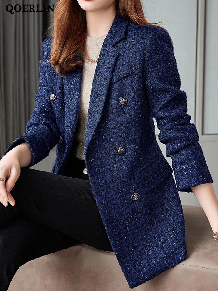 QOERLIN 5XL Women Winter Tweed Blazer Jacket Coat Thick Warm Long Sleeve Slim Elegant Casual Outwear Double-Breasted Overcoat