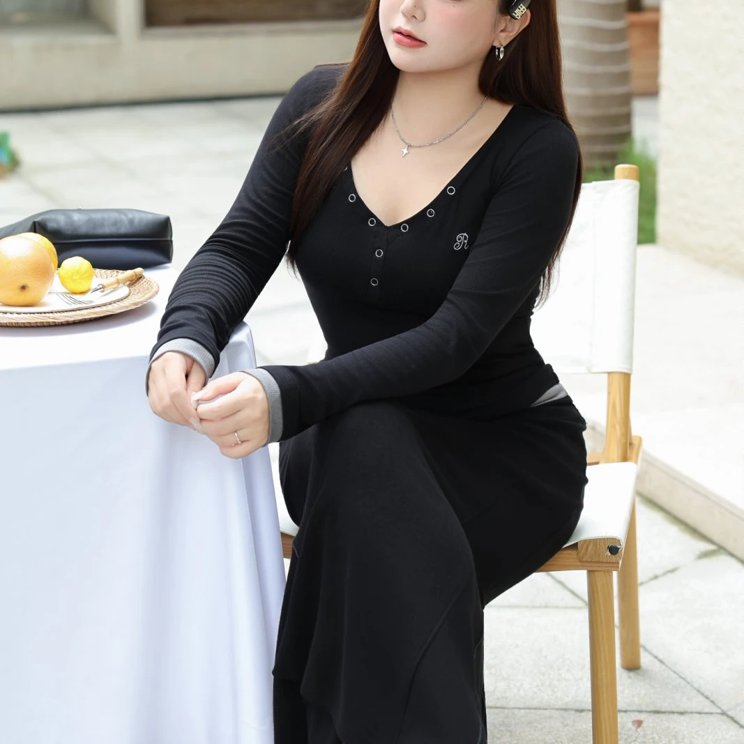 Premium americano cuello en V ajustado de punto falso dos piezas de manga larga Tops estudiante otoño XXXXL moda de talla grande camiseta de mujer