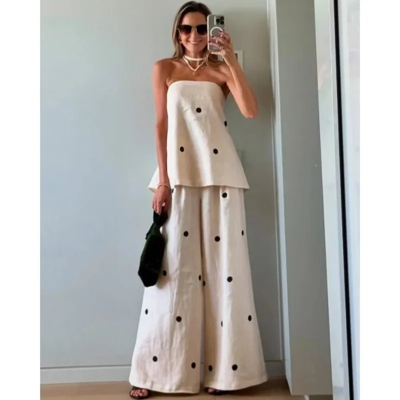 

Casual Women Polka Dot Strapless Top Suit Fashionable Elegant Women Backless Vest Wide Leg Pants Suit Summer Ladies Streetwear
