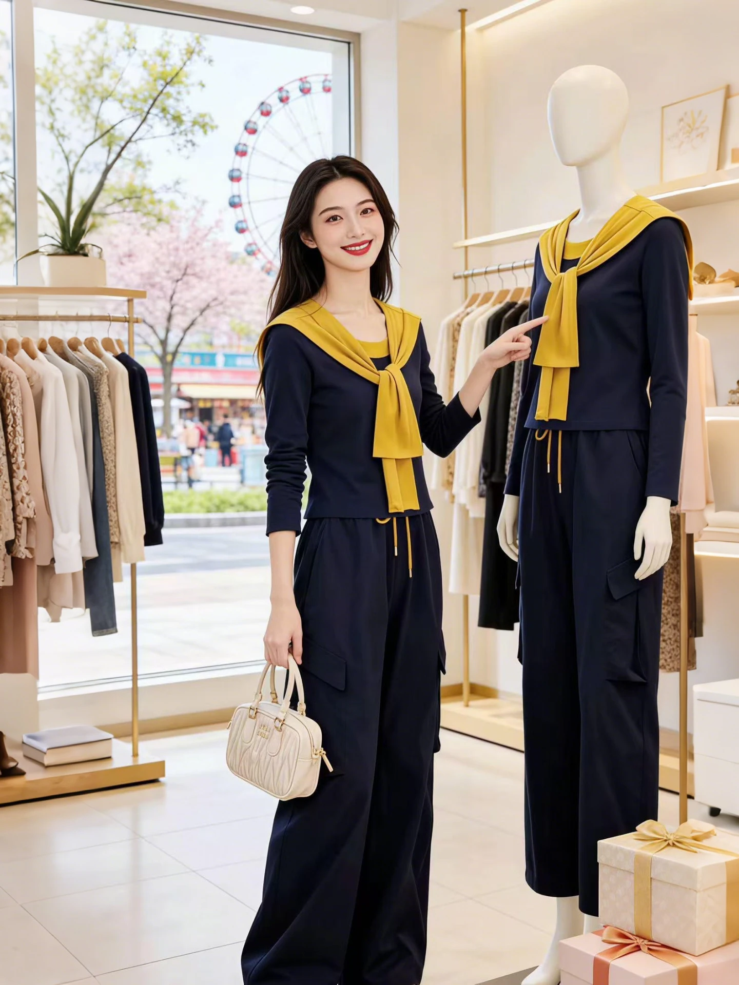 

Women's Spring Autumn New Color Block Long Sleeve Shawl Wide Leg Pants Set Fashionable Commute Style Regular Fit Two Piece Suit