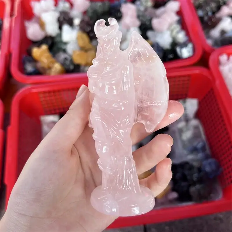 Natural Rose Quartz Witch Succuba Lilith Statue Carving Healing Crystal Animal Statue Carving Ornament Collection Gift 1pcs