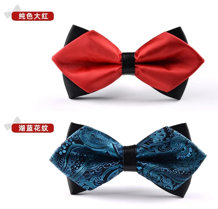 British double striped bow tie men's formal business  bridegroom's wedding wine red leather bag heart sharp corner bow tie