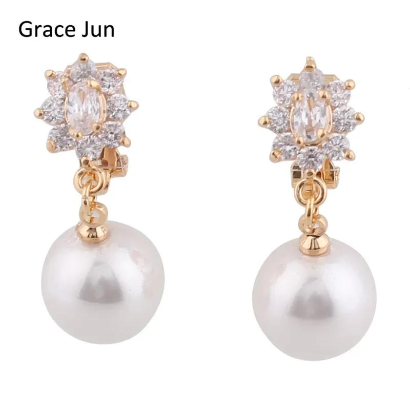 Grace Jun 2 Colors Choose Cubic Zircon Simulated Pearl Clip on Earrings Without Piercing for Women Party Elegant Earrings New