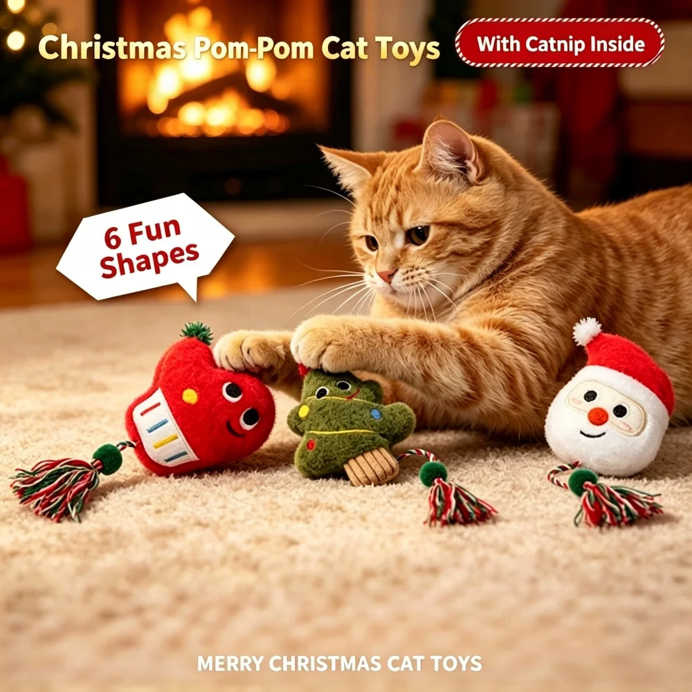 Christmas Cat Toy Xmas-themed Design with Catnip Chewable Dental Cotton Rope Ball Self-Amusing Boredom Relief Teaser for Cats