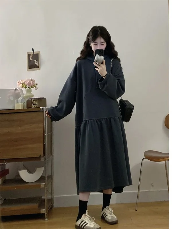 

Повседневное худи больших размеров для женщин, утепленное, осенне-зимнее, с юбкой А-силуэта, в корейском стиле, для работы, с высокой талией, длинный рукав