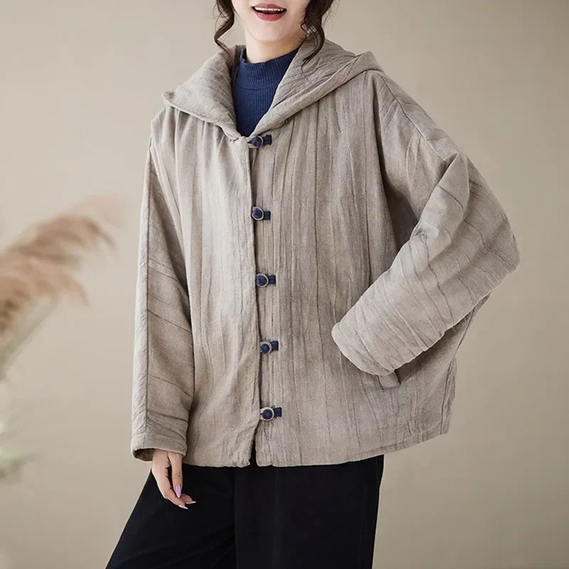 الخريف الشتاء خمر نمط فضفاض الإناث ملابس خارجية غير رسمية معاطف B2020 سميكة الدافئة جاكت مزود بغطاء للرأس المرأة جديد وصول 2025