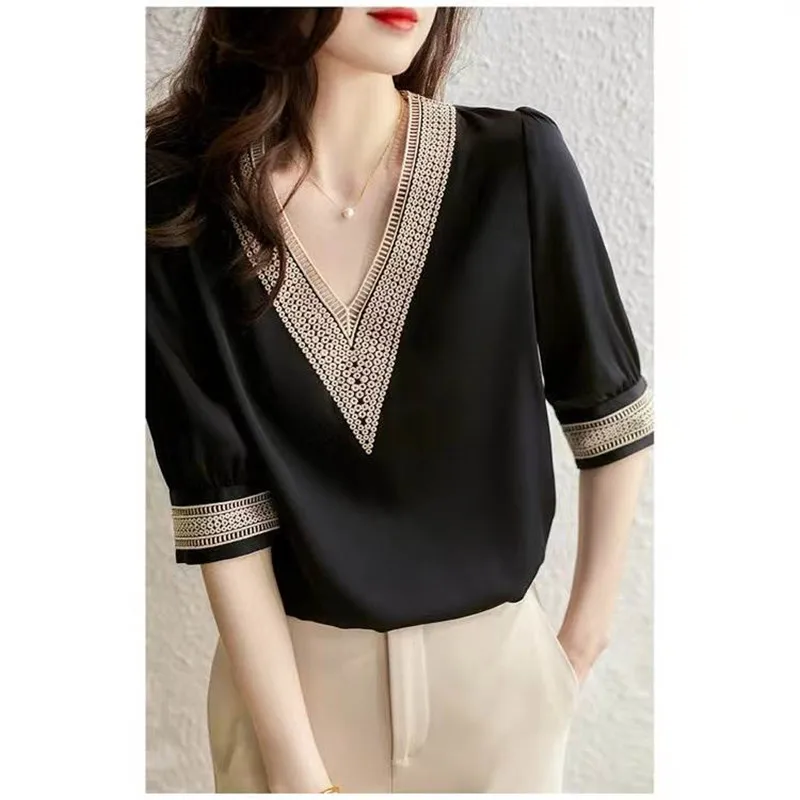 new summer 2022 black Chiffon Shirt V-neck short-sleeve embroidered silk shirt for women