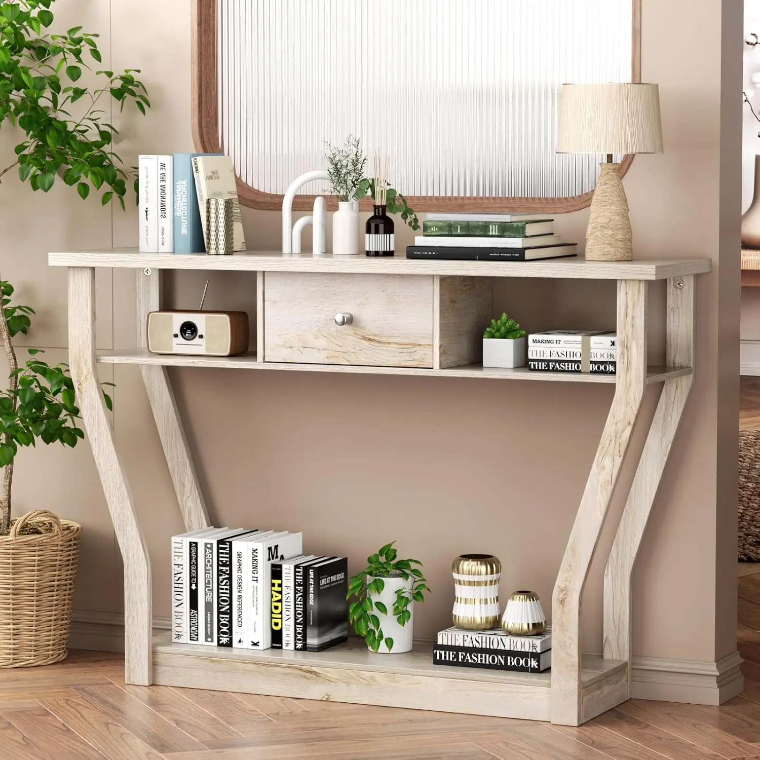 

47'' Console Table with Storage Drawer & Shelves Narrow Sofa Entryway Hallway Living Room Grey, Customized