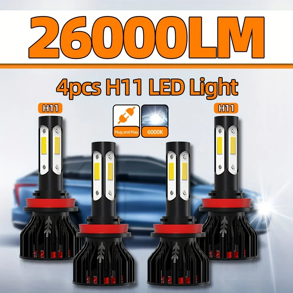 roadsun 4pcs Bright LED Combo H11 Hi/Lo Beam 26000LM Imported Four Side COB Chips Headlights 6000K White Chip LED with Turbo Fan