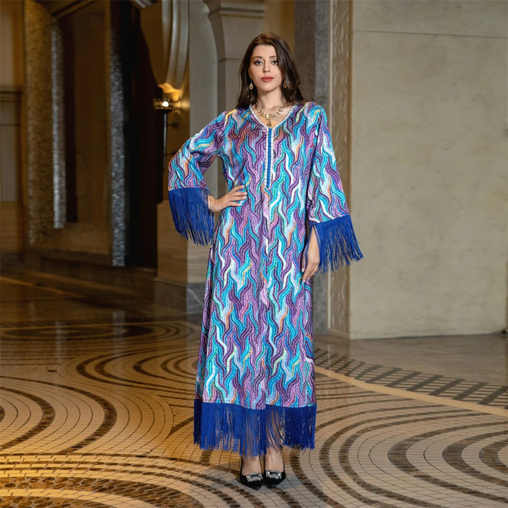 

New Eid Party Dress Women Muslim Tassel Abaya Dubai Turkey Kaftan Ramadan Islamic Jalabiya Printed Robe Marocain Caftan Djellaba