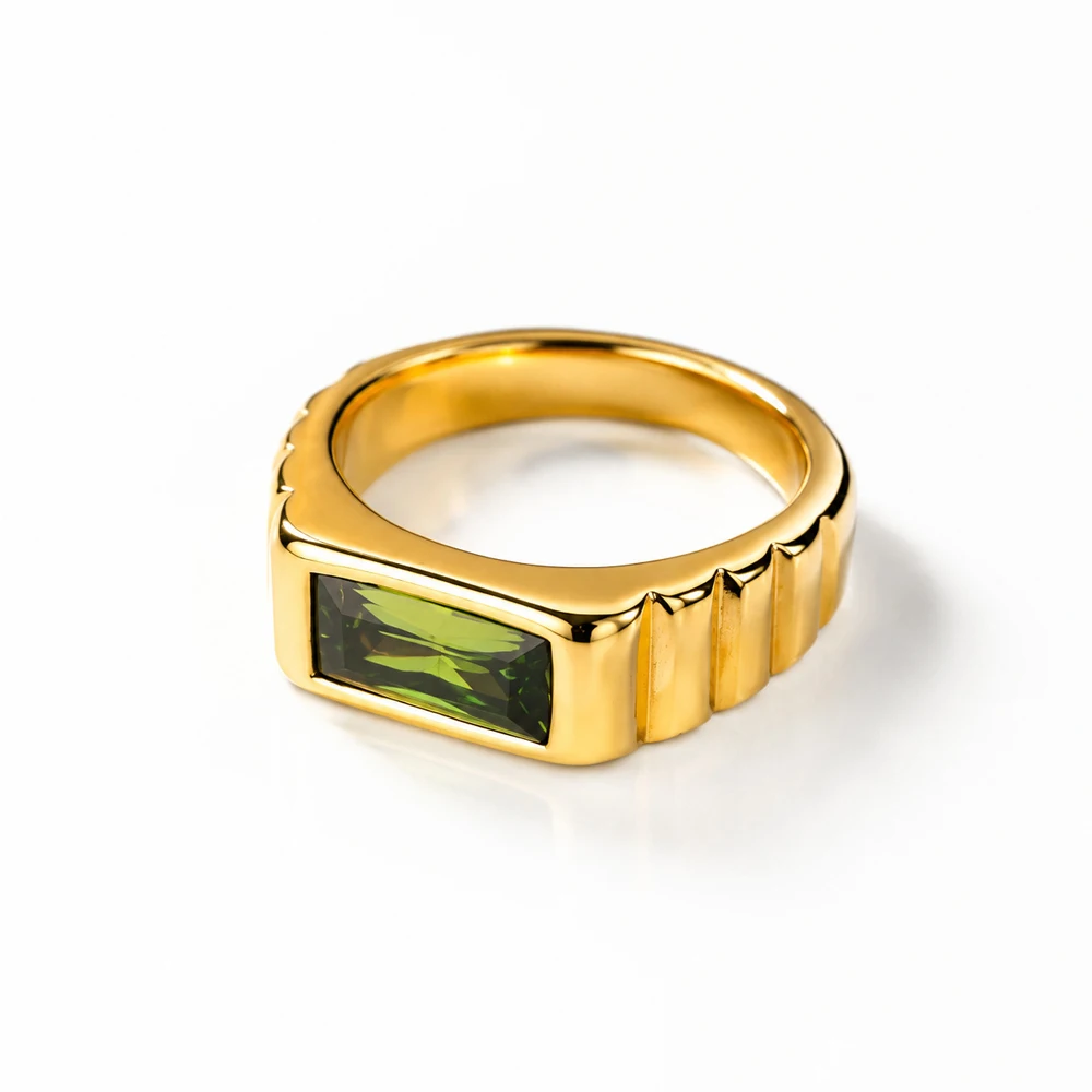 Vintage Luxus Smaragdgrüner Edelsteinring für Herren, Edelstahl, breites Band, rechteckiger Ring, Retro-Streifendesign, Statement-Schmuck – Detail 9