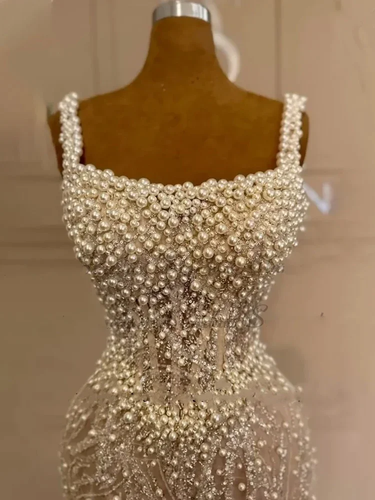 Glamour Customized Exquisite Prom Gowns High Quality Column Beading Pearls Gown Square Aristocratic Style Mermaid Evening Dresse