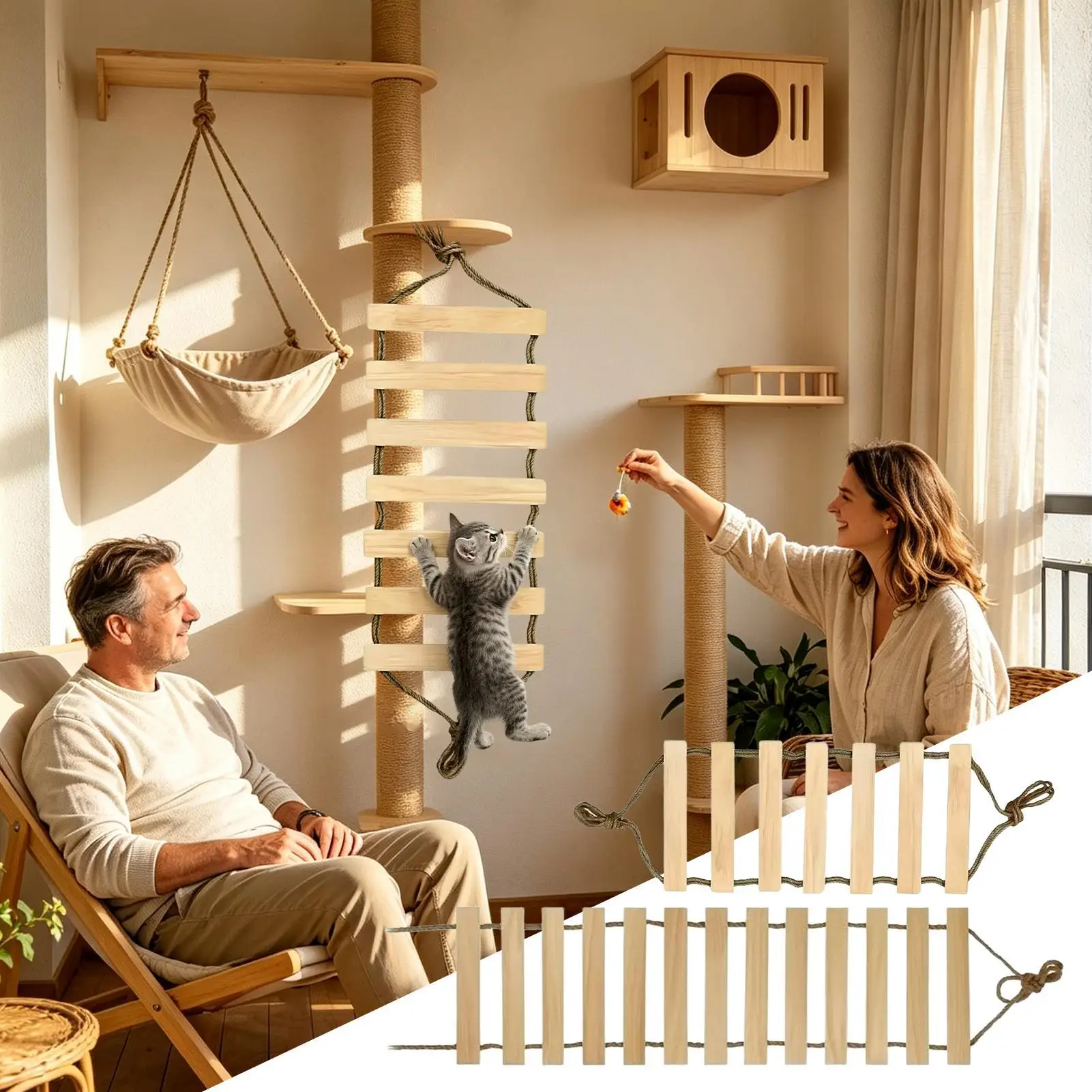 Wall-Mounted Cat Bridge Multi-Level Wooden Steps with Rope Cat Ladder Climbing Frame for Shelf Window Wall ﻿