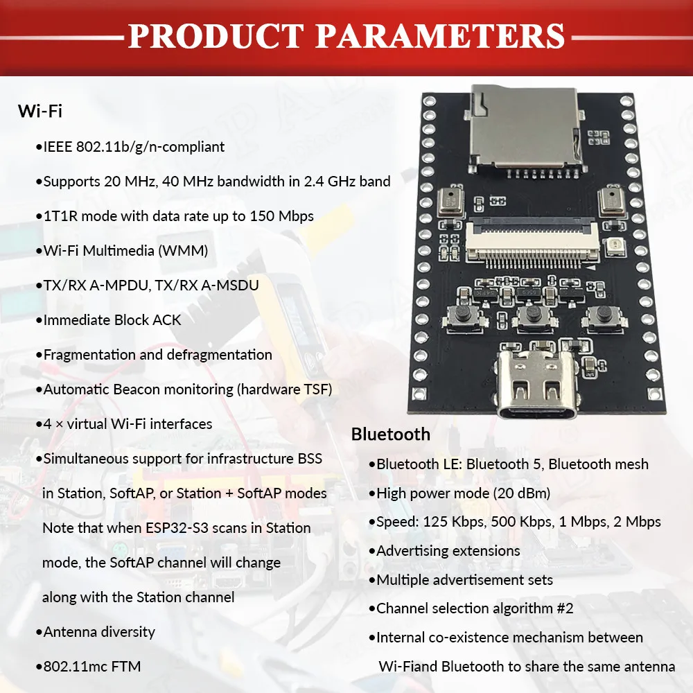 カメラスピーカー開発ボード,wifiカメラモジュール,デュアルマイク,tfスロット,n16r8 ch340x,USB type-c,ESP32-S3,esp32 s3,new