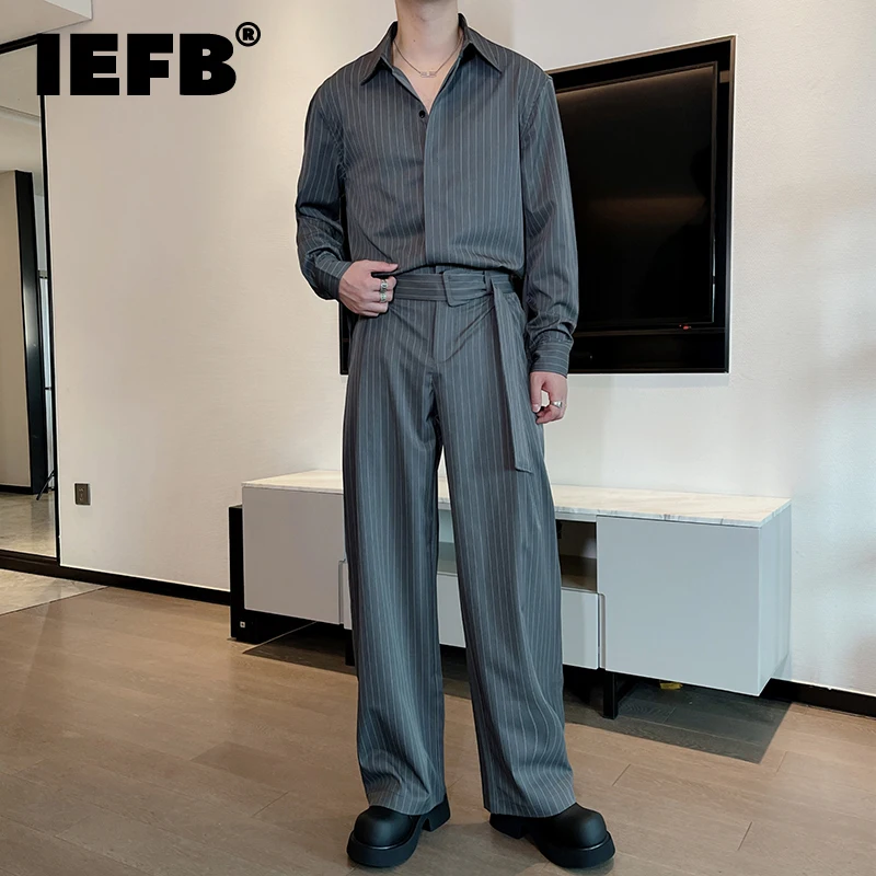 

IEFB New Autumn Men's Sets Striped Turn-down Collar Single Breasted Ribbon Shirts Straight Wide Leg Belt Trousers Suits 9C7532