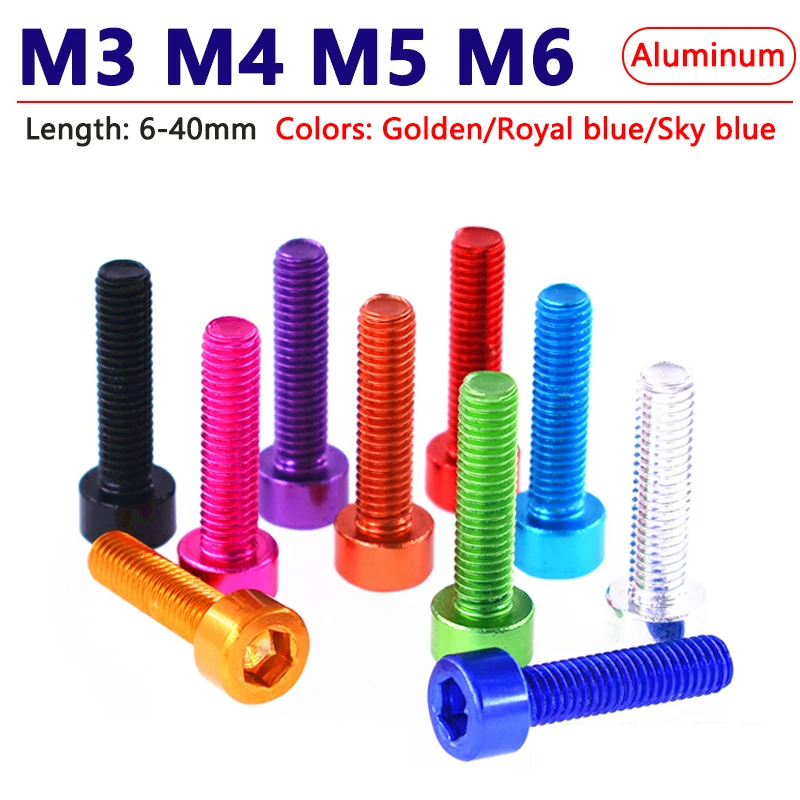 

1/10pcs M3 M4 M5 M6 Hex Hexagon Socket Head Cap Screws Aluminium Cylindrical Head Allen Bolt Anodizing Length 6-40mm Golden Blue