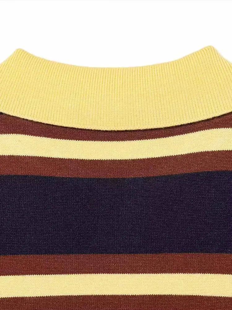 النمط الأوروبي والأمريكي الشتاء الملابس النسائية الجديدة زر أسفل سترة طويلة الأكمام قميص بولو مخطط طوق تريكو