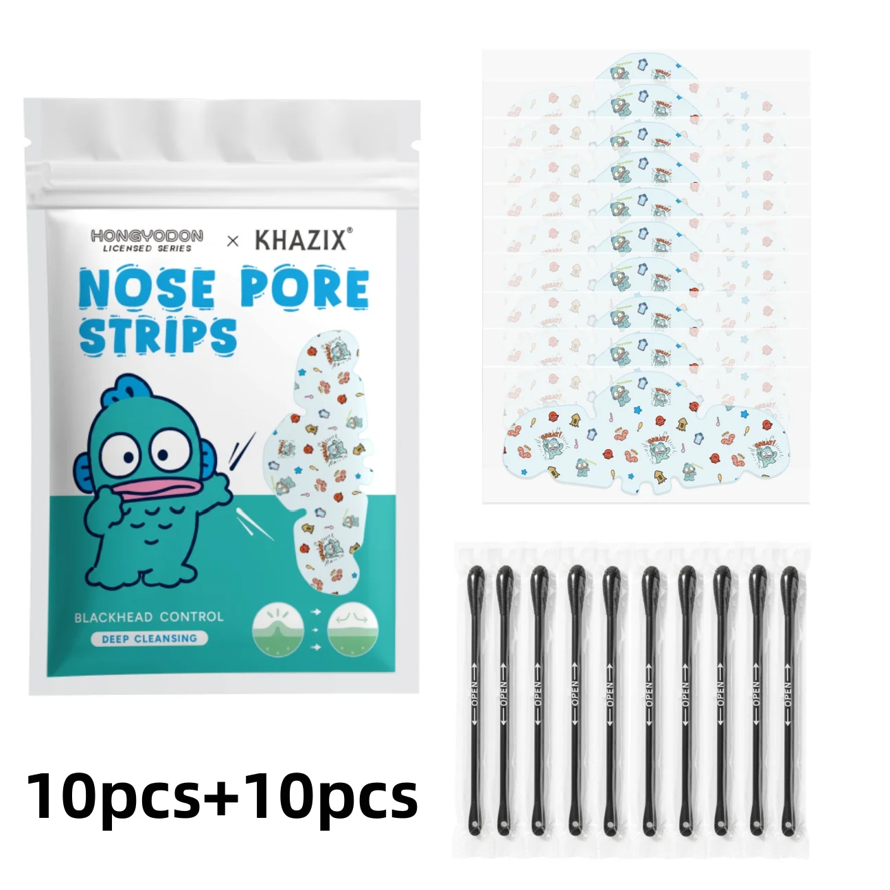 Hangyodon Cartoon Nose Pore Strips Kit, 10pcs Nose Strips + 10pcs Cotton Swabs, Deep Cleansing Facial Care Set, Cute Gift Idea