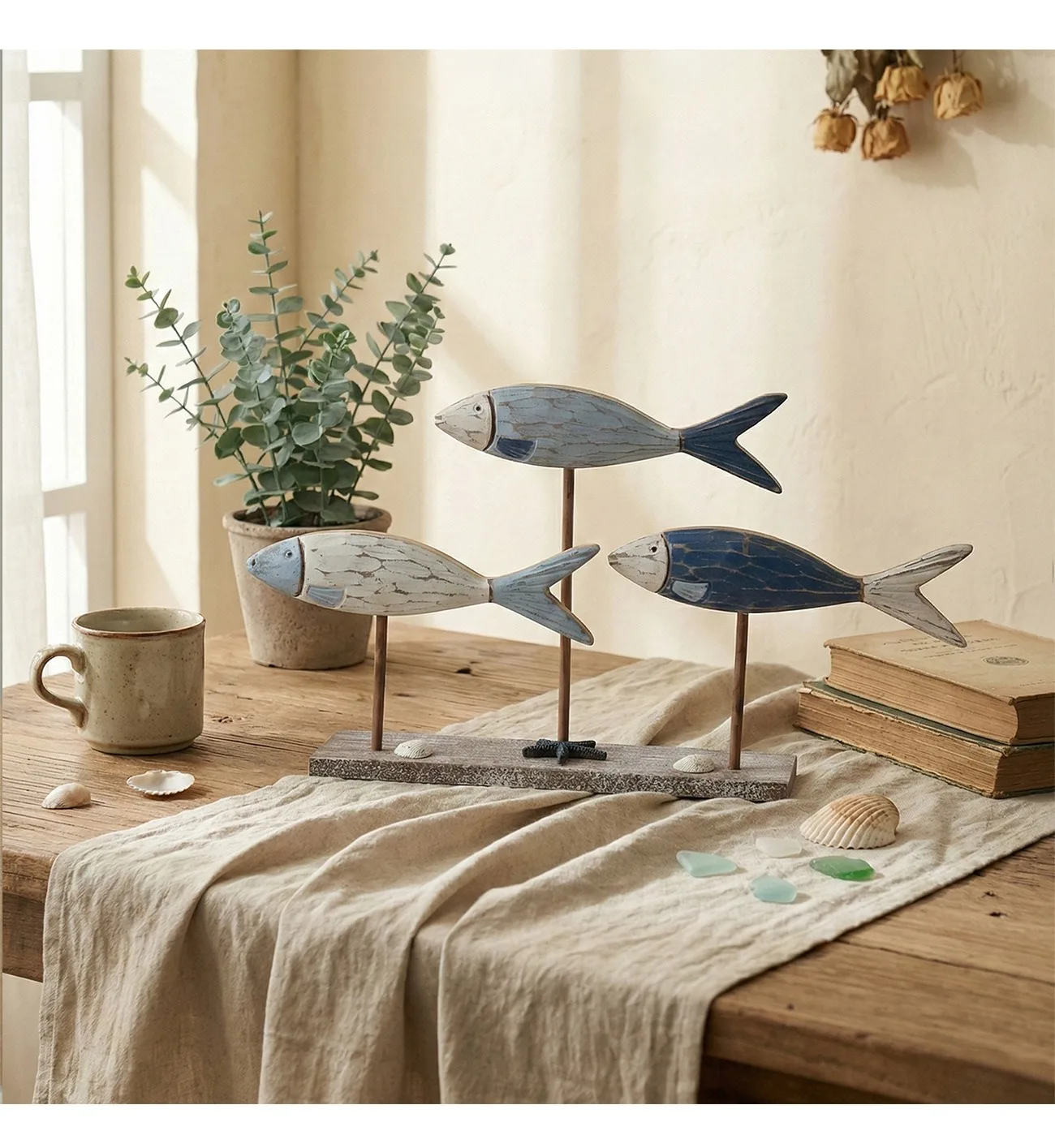 Mediterranean Wooden Fish Ornament Vintage Tabletop Sculpture Nautical Home Decor Seaside Figurine
