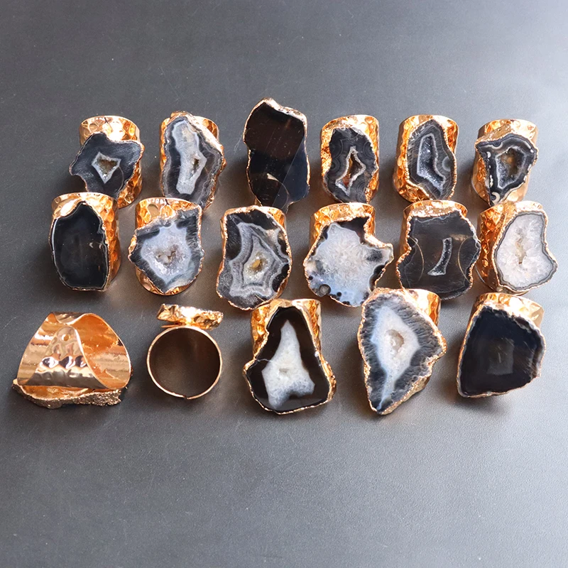 Irregular Geode Stone Agate Slices Open Ring Unisex Black Color Boho Resizable Finger Jewelry