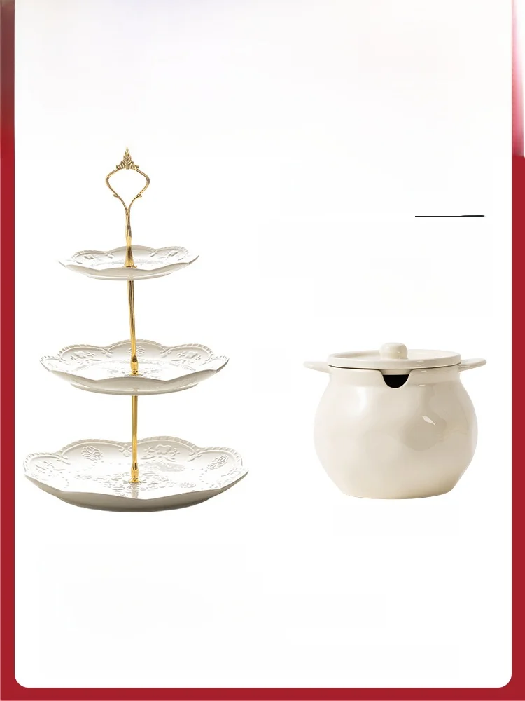 

Creative Three-Layer Embossed Fruit Bowl Or Hand-Made Lard Canister High-Aesthetic Value Dining Utensils Ceramic Material