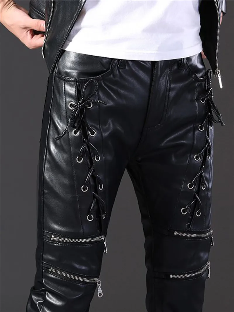 Calças de couro estilo punk masculino com bandagem e zíper decoração magro hip hop calças do plutônio motocicleta motociclista calças bottoms