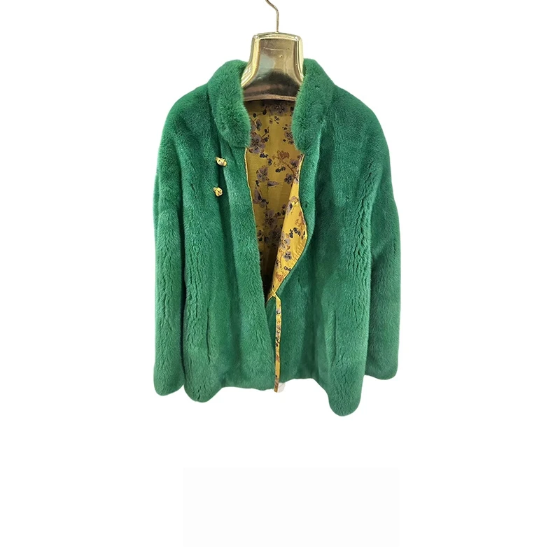 2024 NEW fashion real natural mink fur coat women middle length green color fur coat